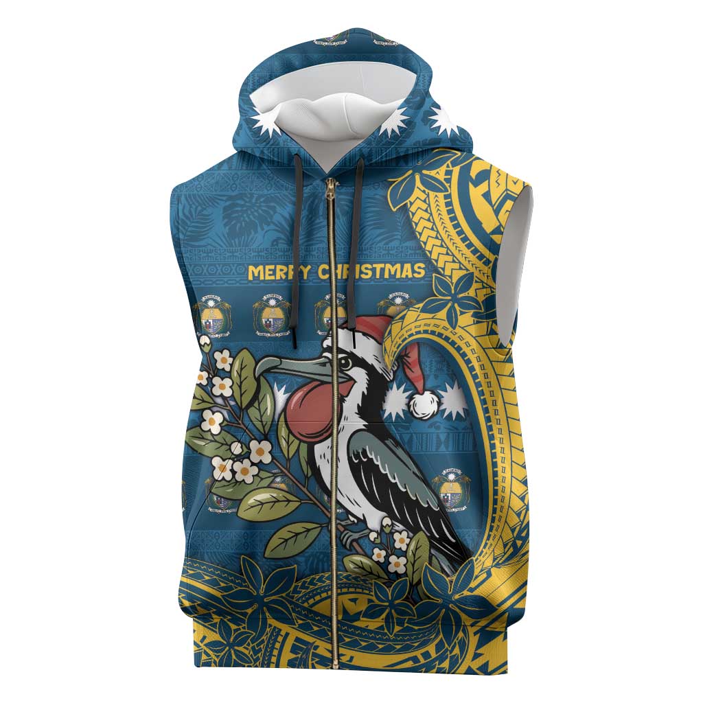 Nauru Christmas Sleeveless Zip Hoodie Frigatebird Bird Santa Tribal Waves - Polynesian Pride