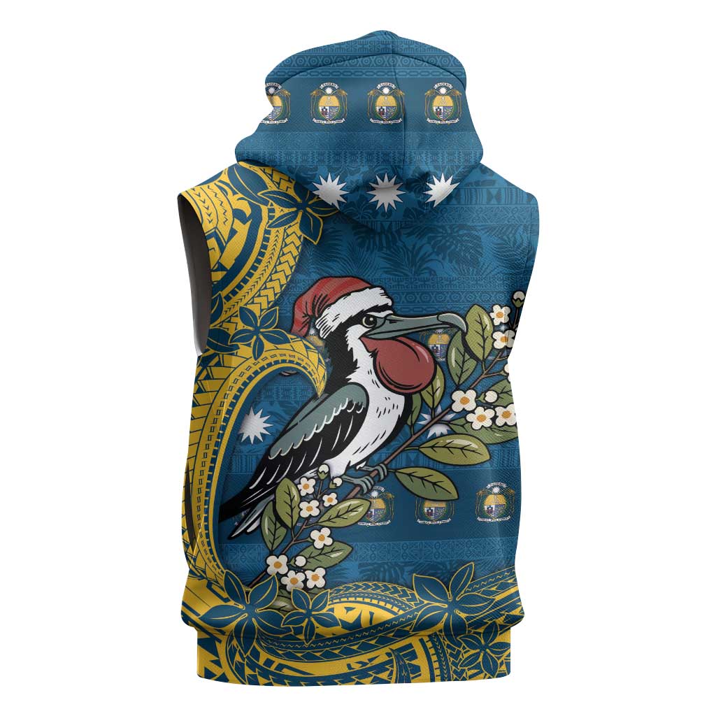 Nauru Christmas Sleeveless Zip Hoodie Frigatebird Bird Santa Tribal Waves - Polynesian Pride