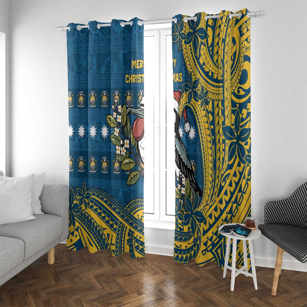 Nauru Christmas Window Curtain Frigatebird Bird Santa Tribal Waves - Polynesian Pride