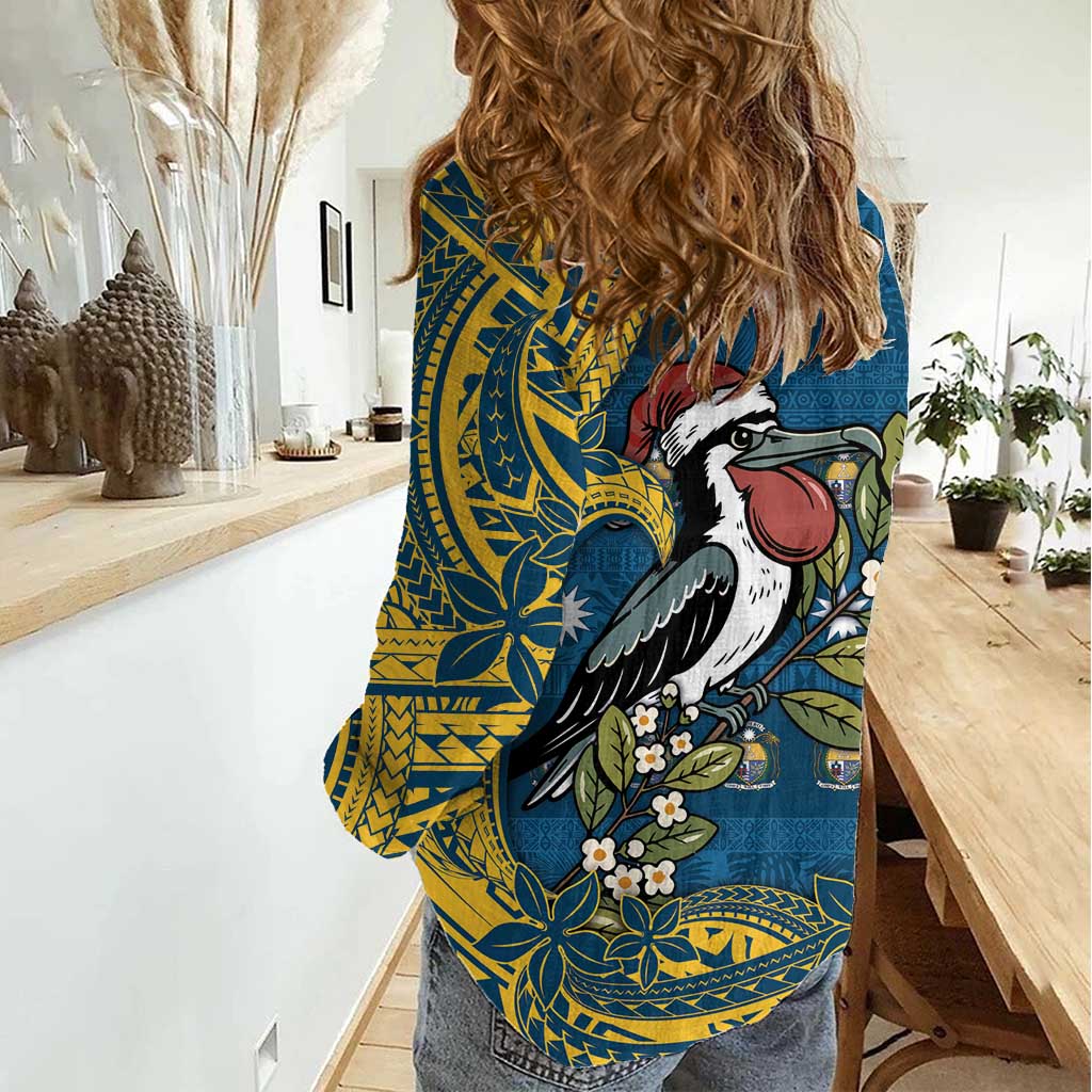 Nauru Christmas Women Casual Shirt Frigatebird Bird Santa Tribal Waves - Polynesian Pride