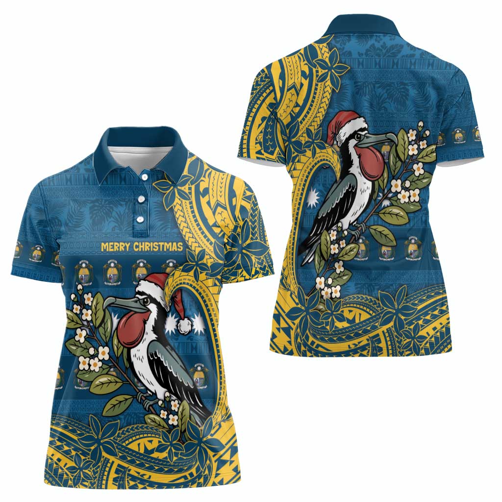 Nauru Christmas Women Polo Shirt Frigatebird Bird Santa Tribal Waves - Polynesian Pride