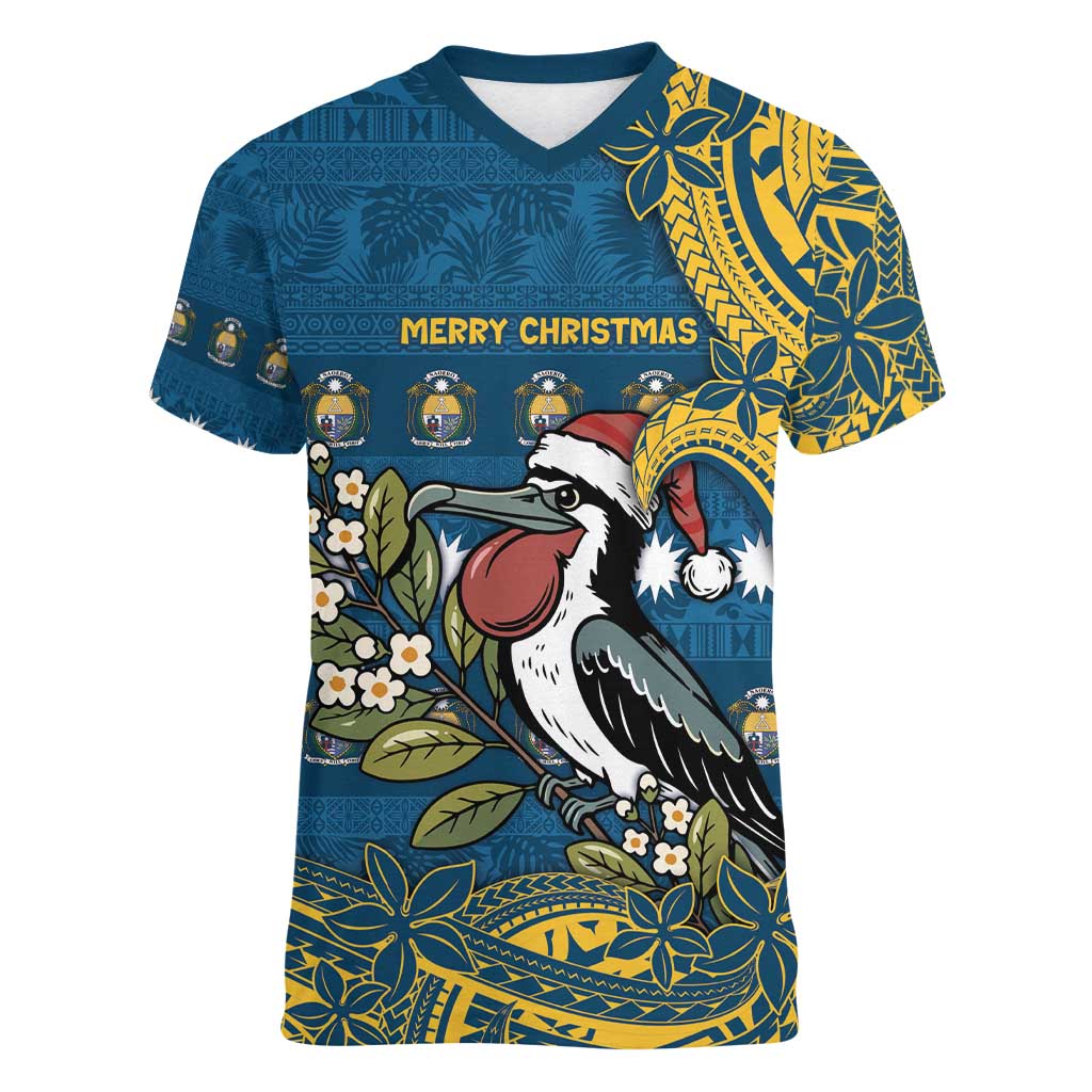 Nauru Christmas Women V-Neck T-Shirt Frigatebird Bird Santa Tribal Waves - Polynesian Pride