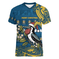 Nauru Christmas Women V-Neck T-Shirt Frigatebird Bird Santa Tribal Waves - Polynesian Pride