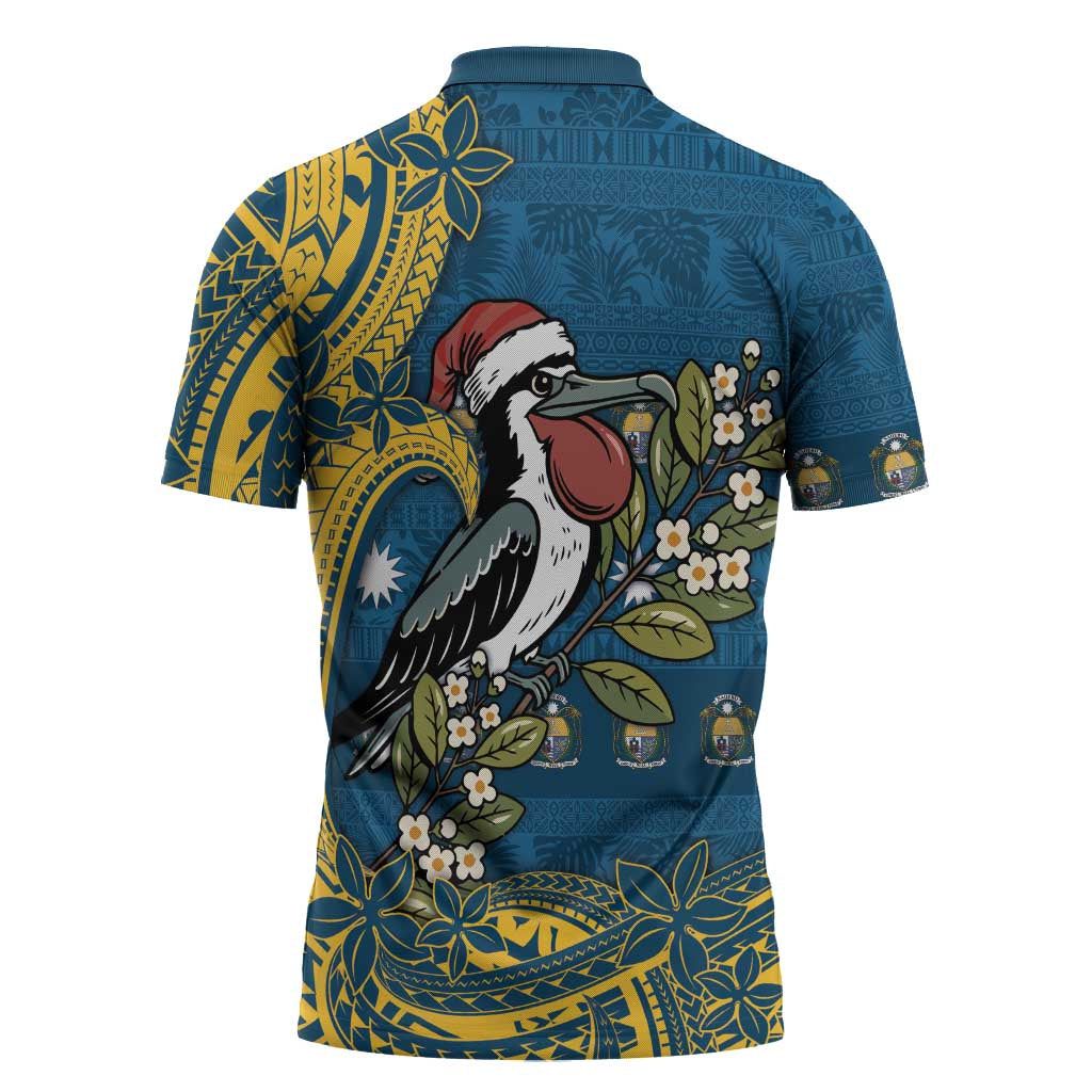 Nauru Christmas Zipper Polo Shirt Frigatebird Bird Santa Tribal Waves - Polynesian Pride