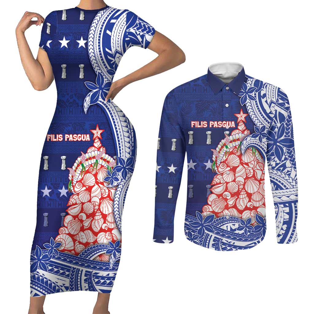Northern Mariana Islands Christmas Couples Matching Short Sleeve Bodycon Dress and Long Sleeve Button Shirt Seashell Xmas Tree Tribal Waves - Polynesian Pride