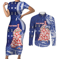 Northern Mariana Islands Christmas Couples Matching Short Sleeve Bodycon Dress and Long Sleeve Button Shirt Seashell Xmas Tree Tribal Waves - Polynesian Pride