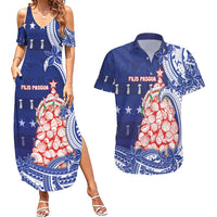 Northern Mariana Islands Christmas Couples Matching Summer Maxi Dress and Hawaiian Shirt Seashell Xmas Tree Tribal Waves - Polynesian Pride