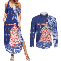 Northern Mariana Islands Christmas Couples Matching Summer Maxi Dress and Long Sleeve Button Shirt Seashell Xmas Tree Tribal Waves - Polynesian Pride