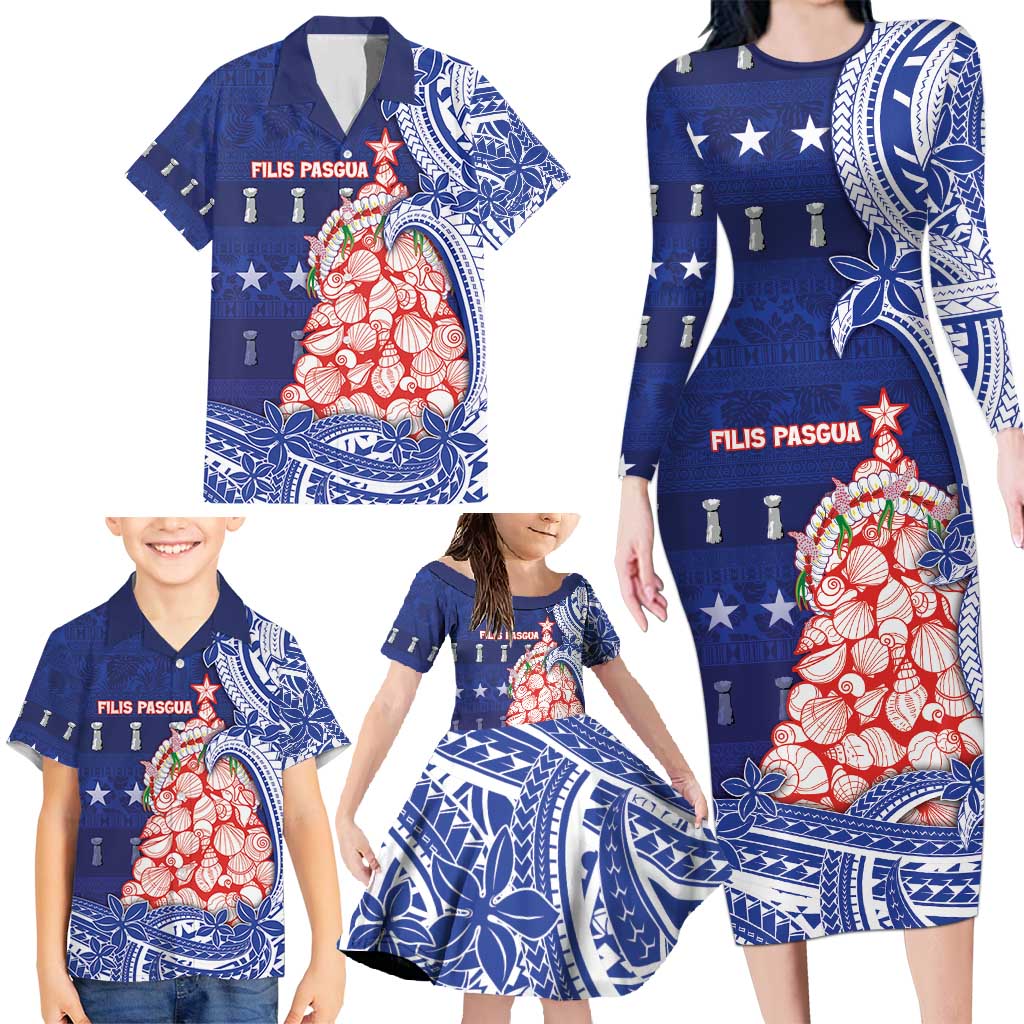 Northern Mariana Islands Christmas Family Matching Long Sleeve Bodycon Dress and Hawaiian Shirt Seashell Xmas Tree Tribal Waves - Polynesian Pride