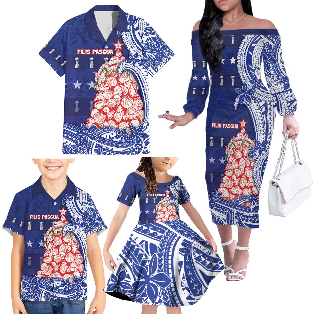 Northern Mariana Islands Christmas Family Matching Off The Shoulder Long Sleeve Dress and Hawaiian Shirt Seashell Xmas Tree Tribal Waves - Polynesian Pride