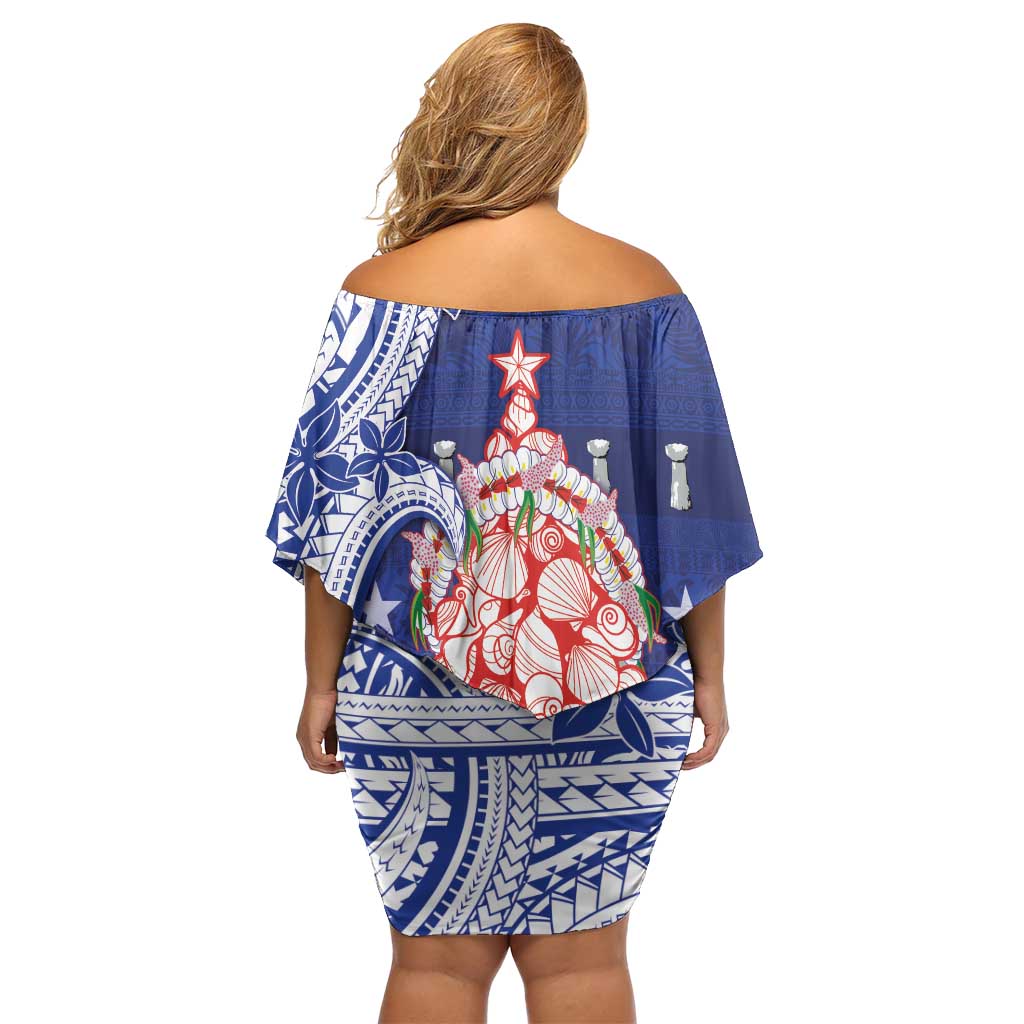 Northern Mariana Islands Christmas Family Matching Off Shoulder Short Dress and Hawaiian Shirt Seashell Xmas Tree Tribal Waves - Polynesian Pride