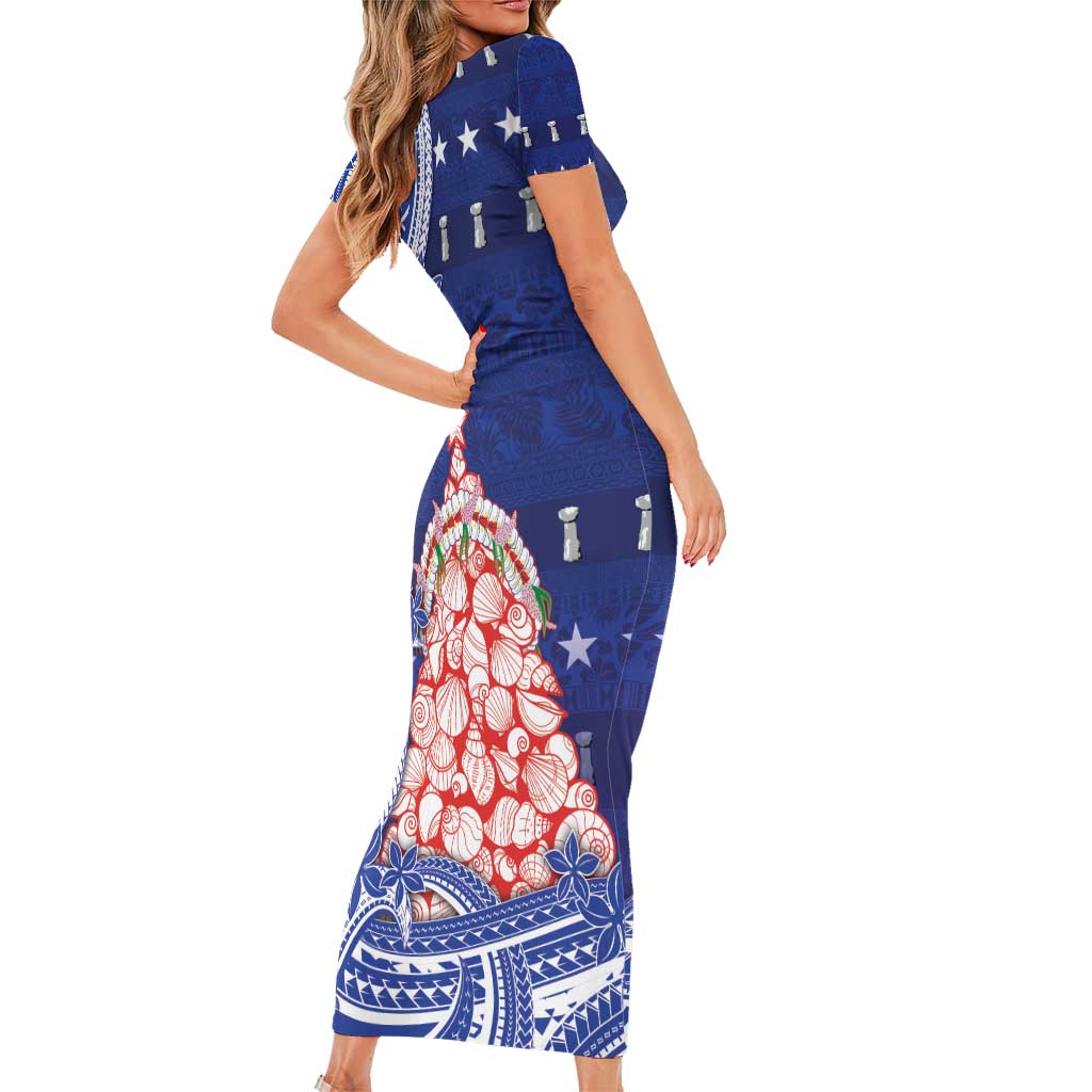 Northern Mariana Islands Christmas Family Matching Short Sleeve Bodycon Dress and Hawaiian Shirt Seashell Xmas Tree Tribal Waves - Polynesian Pride