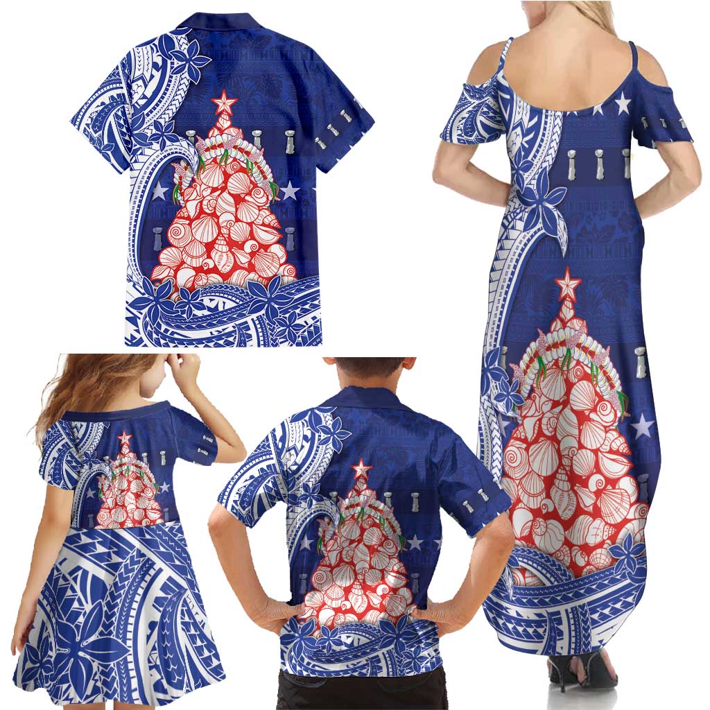 Northern Mariana Islands Christmas Family Matching Summer Maxi Dress and Hawaiian Shirt Seashell Xmas Tree Tribal Waves - Polynesian Pride