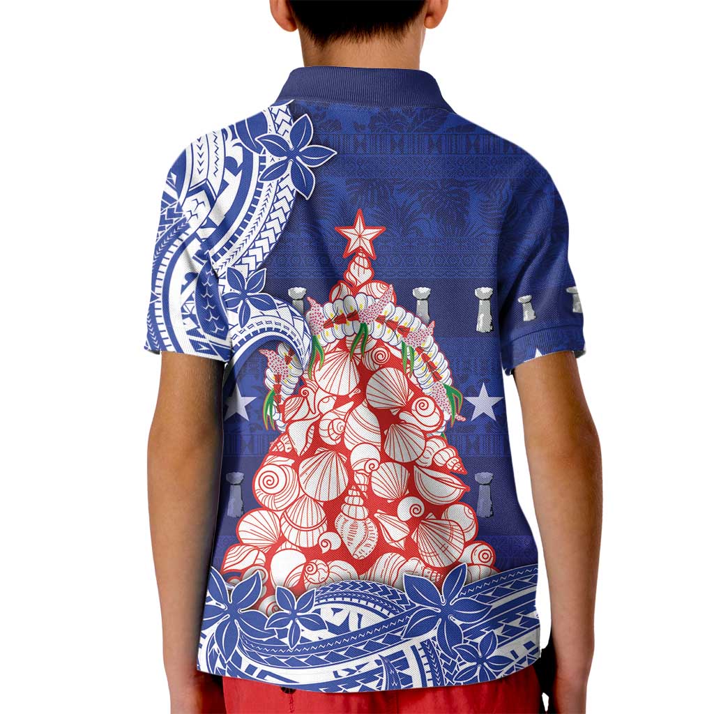 Northern Mariana Islands Christmas Kid Polo Shirt Seashell Xmas Tree Tribal Waves - Polynesian Pride