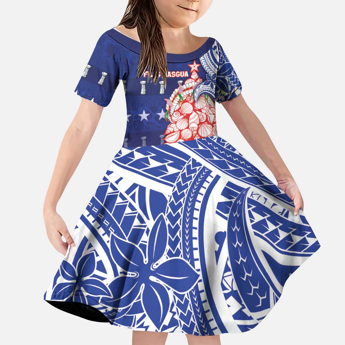 Northern Mariana Islands Christmas Kid Short Sleeve Dress Seashell Xmas Tree Tribal Waves - Polynesian Pride