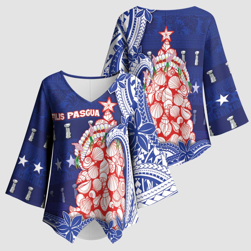 Northern Mariana Islands Christmas Kimono Sleeve Blouse Seashell Xmas Tree Tribal Waves - Polynesian Pride