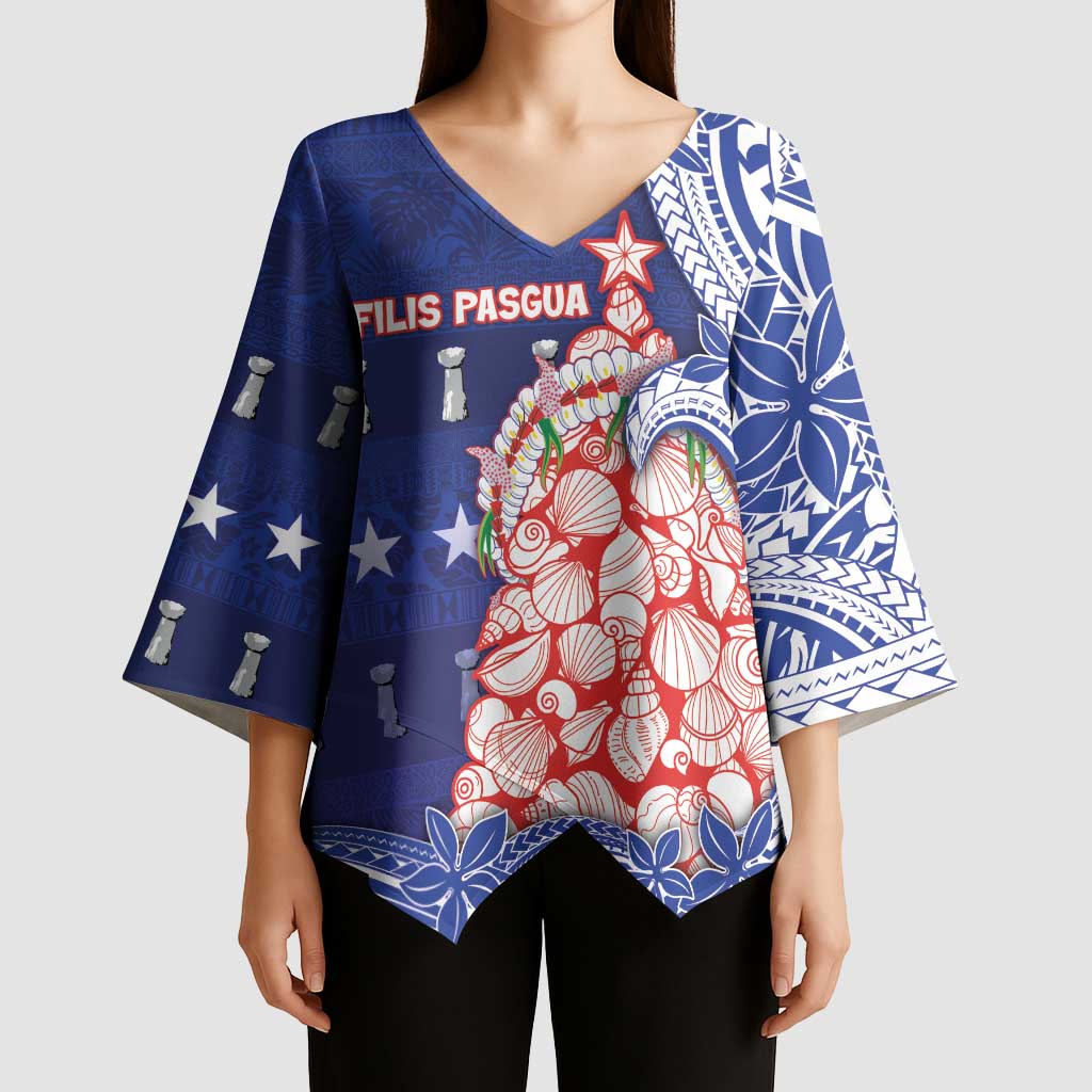 Northern Mariana Islands Christmas Kimono Sleeve Blouse Seashell Xmas Tree Tribal Waves - Polynesian Pride