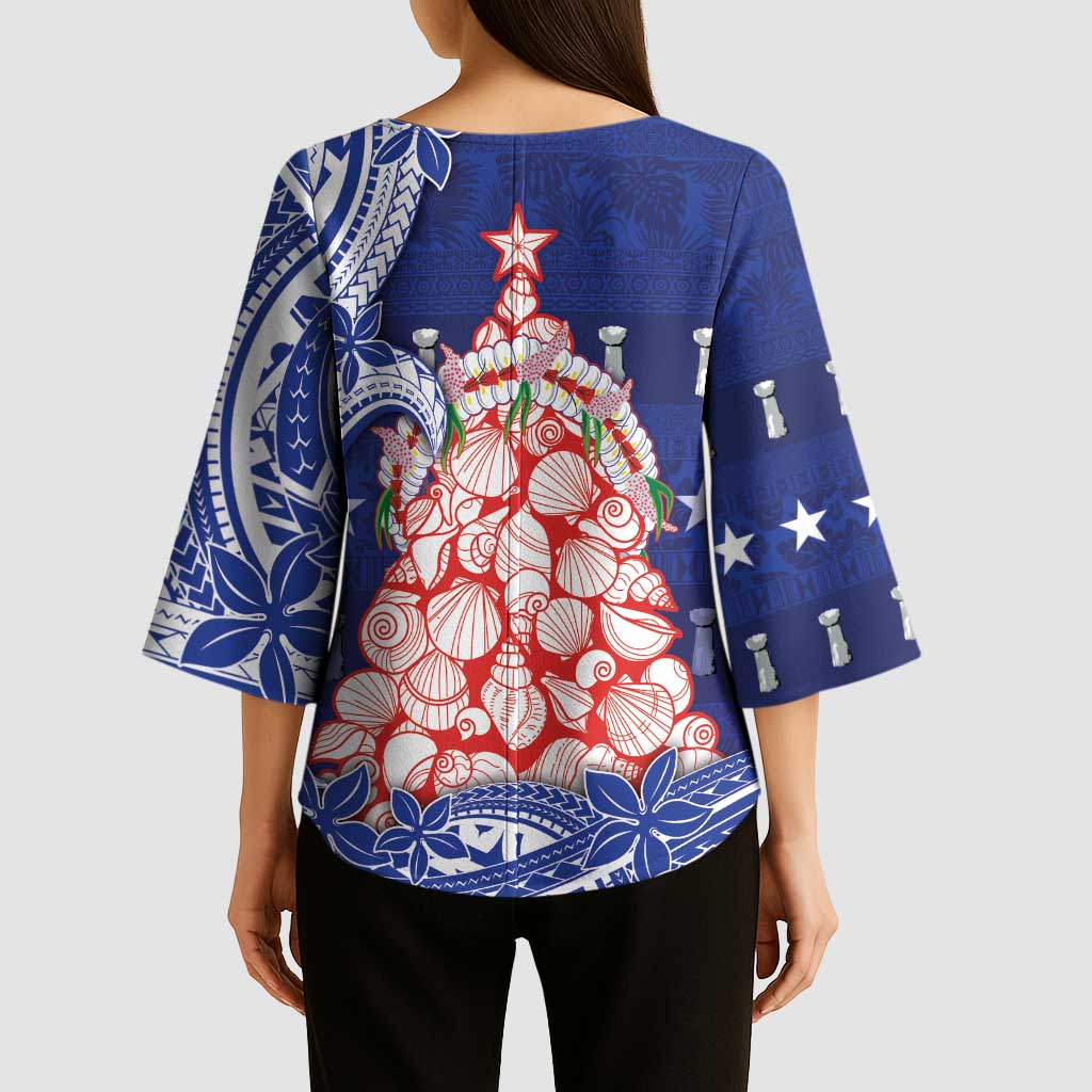 Northern Mariana Islands Christmas Kimono Sleeve Blouse Seashell Xmas Tree Tribal Waves - Polynesian Pride