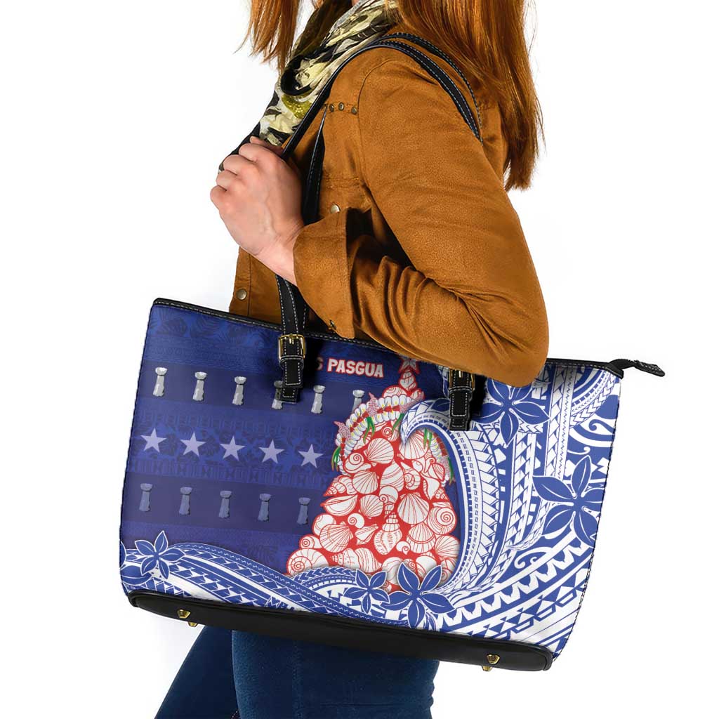 Northern Mariana Islands Christmas Leather Tote Bag Seashell Xmas Tree Tribal Waves - Polynesian Pride