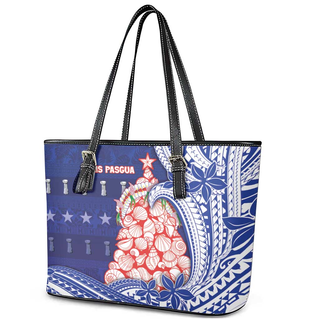 Northern Mariana Islands Christmas Leather Tote Bag Seashell Xmas Tree Tribal Waves - Polynesian Pride