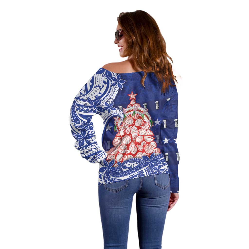 Northern Mariana Islands Christmas Off Shoulder Sweater Seashell Xmas Tree Tribal Waves - Polynesian Pride