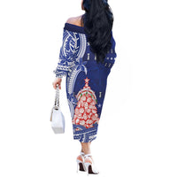 Northern Mariana Islands Christmas Off The Shoulder Long Sleeve Dress Seashell Xmas Tree Tribal Waves - Polynesian Pride