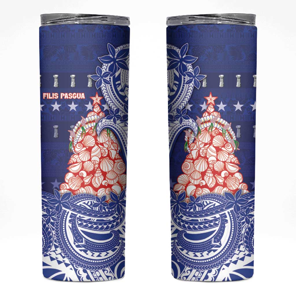 Northern Mariana Islands Christmas Skinny Tumbler Seashell Xmas Tree Tribal Waves - Polynesian Pride