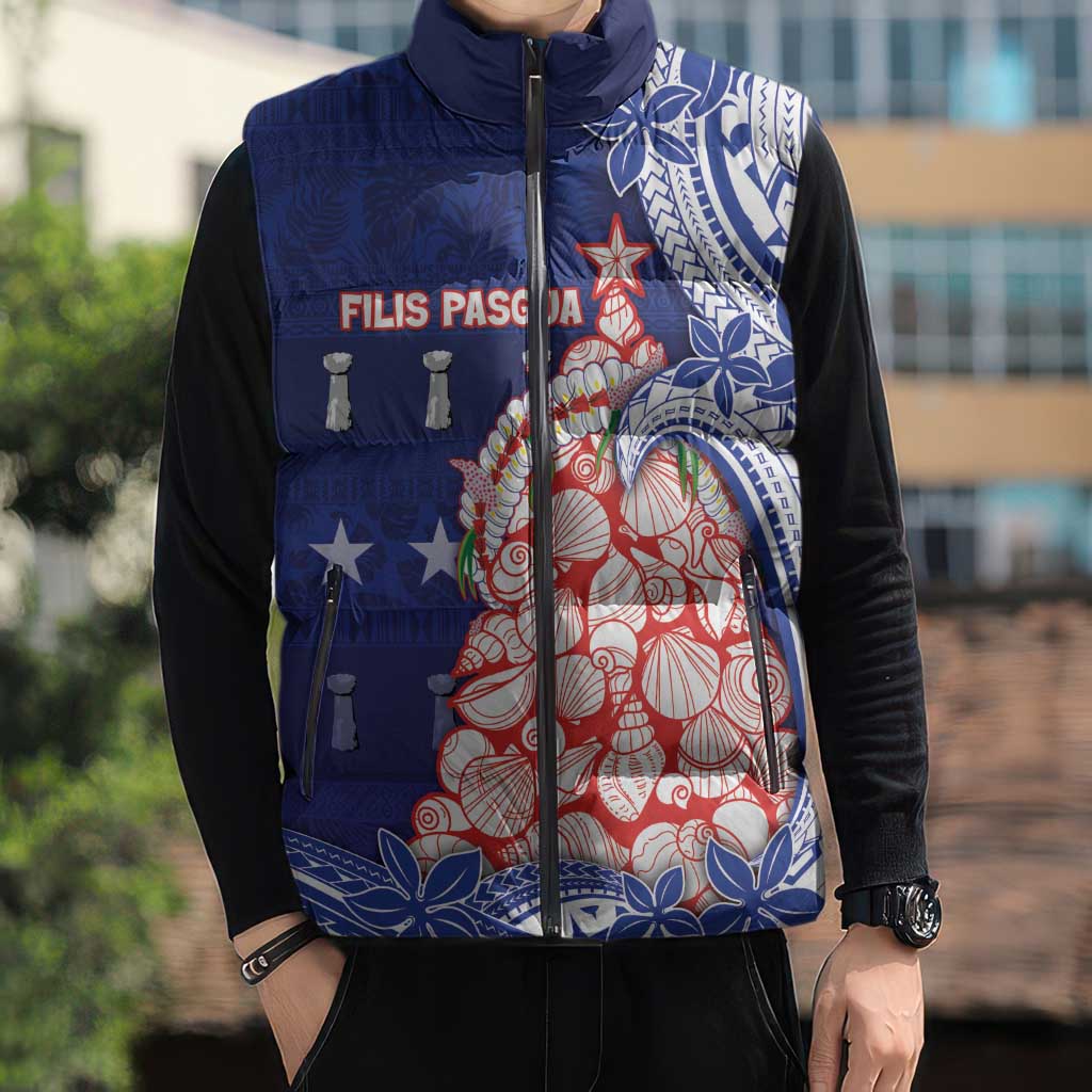 Northern Mariana Islands Christmas Sleeveless Puffer Jacket Seashell Xmas Tree Tribal Waves - Polynesian Pride