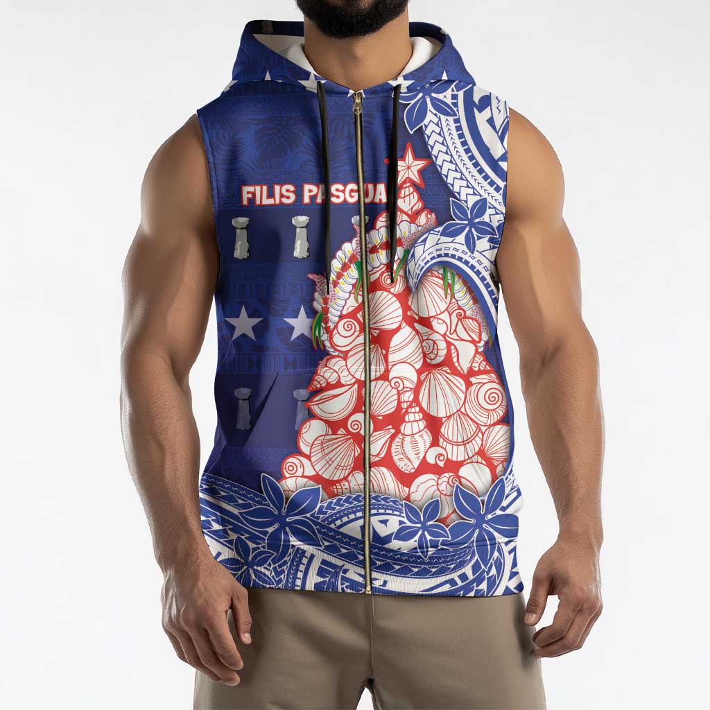 Northern Mariana Islands Christmas Sleeveless Zip Hoodie Seashell Xmas Tree Tribal Waves - Polynesian Pride