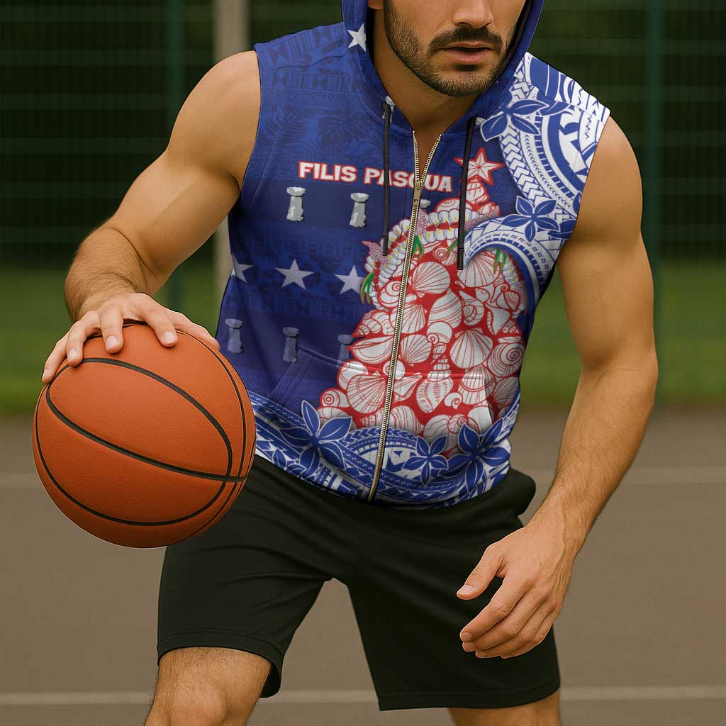 Northern Mariana Islands Christmas Sleeveless Zip Hoodie Seashell Xmas Tree Tribal Waves - Polynesian Pride