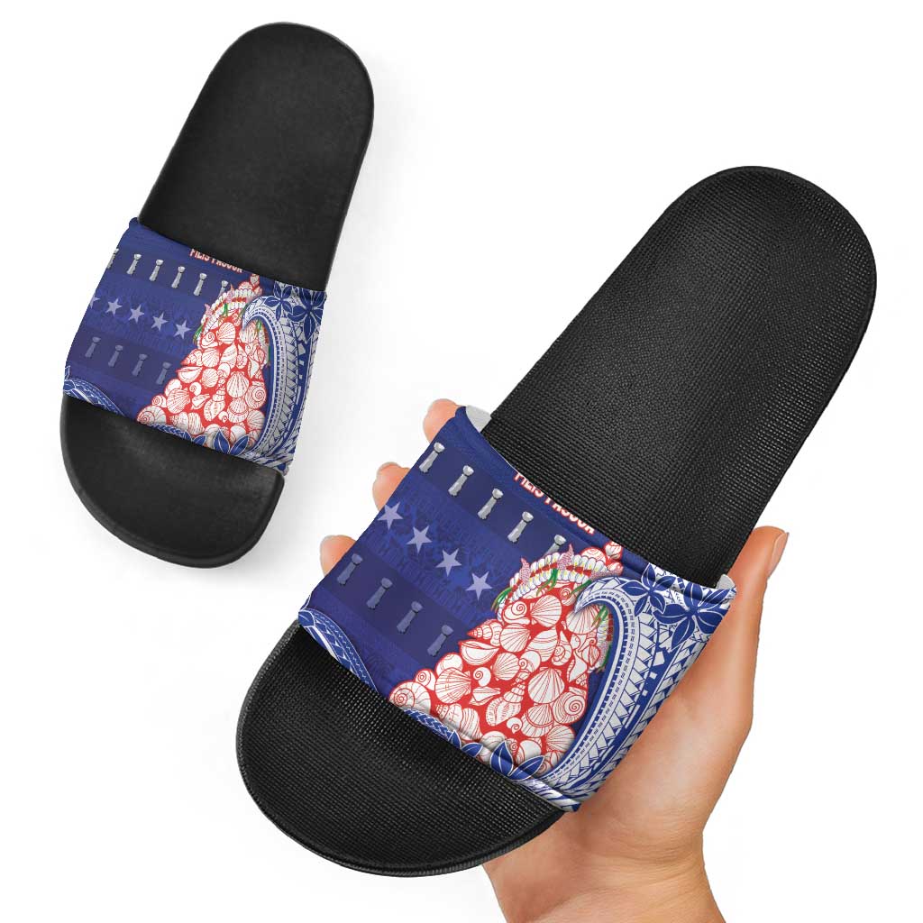 Northern Mariana Islands Christmas Slide Sandals Seashell Xmas Tree Tribal Waves - Polynesian Pride