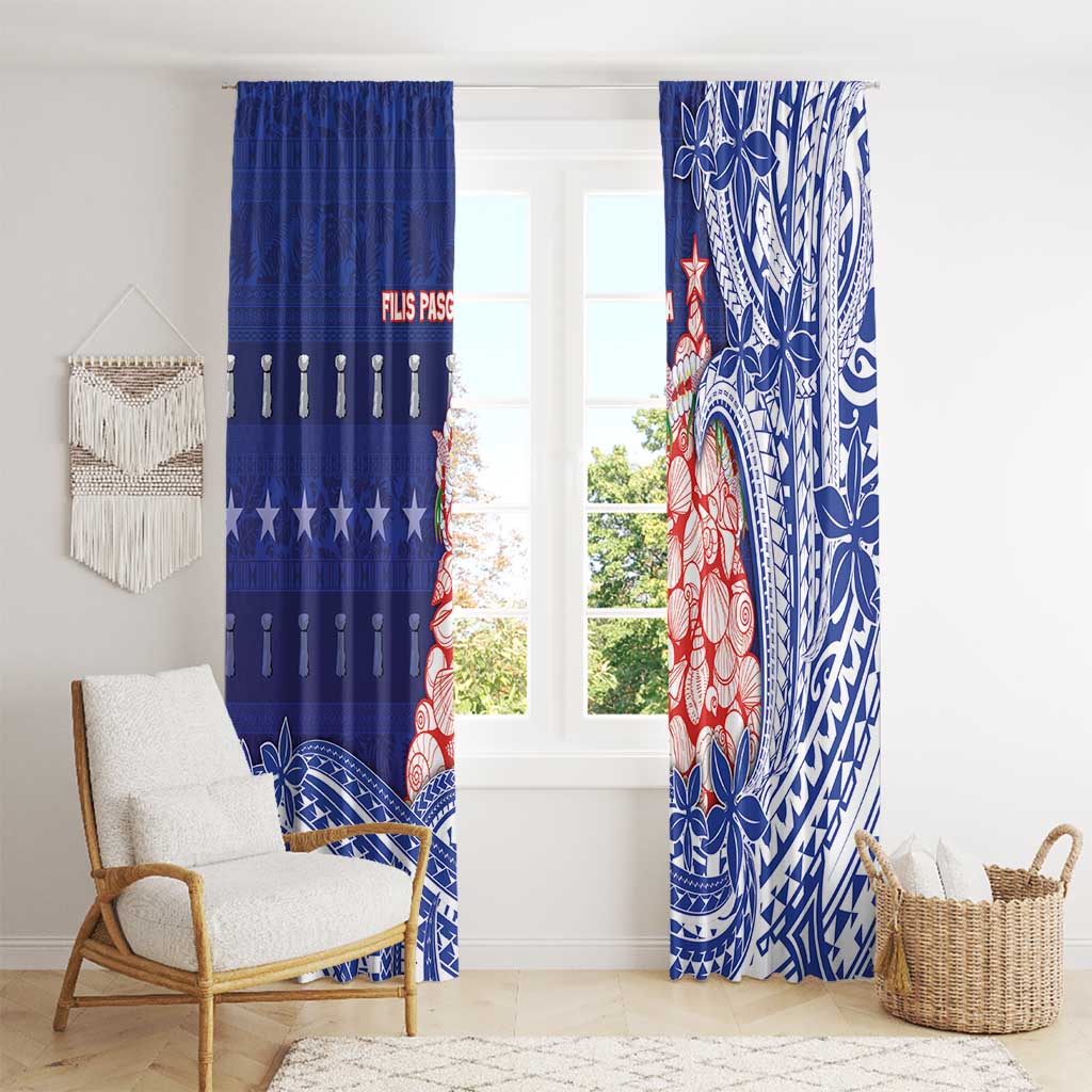 Northern Mariana Islands Christmas Window Curtain Seashell Xmas Tree Tribal Waves - Polynesian Pride