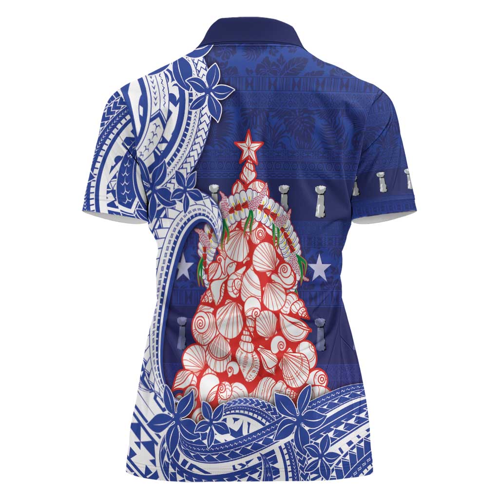 Northern Mariana Islands Christmas Women Polo Shirt Seashell Xmas Tree Tribal Waves - Polynesian Pride