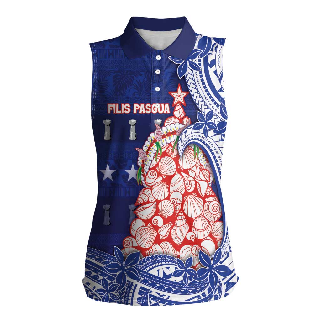 Northern Mariana Islands Christmas Women Sleeveless Polo Shirt Seashell Xmas Tree Tribal Waves - Polynesian Pride