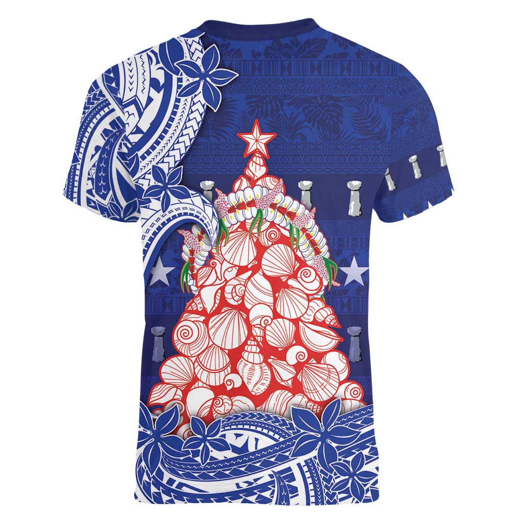 Northern Mariana Islands Christmas Women V-Neck T-Shirt Seashell Xmas Tree Tribal Waves - Polynesian Pride