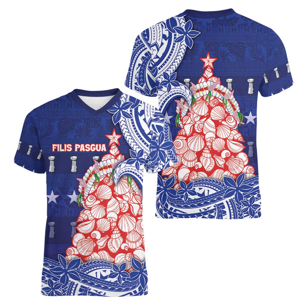 Northern Mariana Islands Christmas Women V-Neck T-Shirt Seashell Xmas Tree Tribal Waves - Polynesian Pride