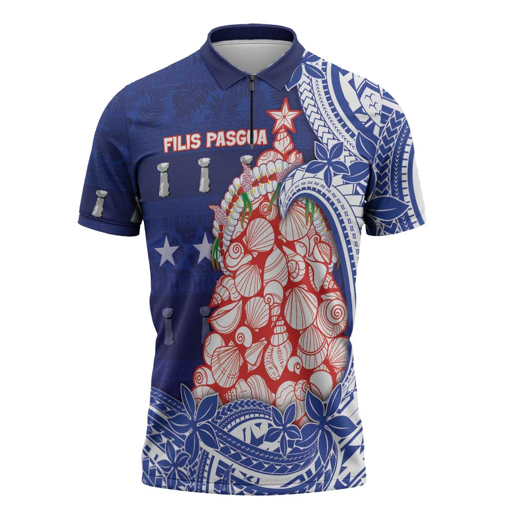 Northern Mariana Islands Christmas Zipper Polo Shirt Seashell Xmas Tree Tribal Waves - Polynesian Pride