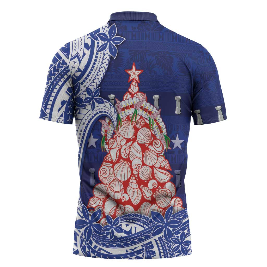 Northern Mariana Islands Christmas Zipper Polo Shirt Seashell Xmas Tree Tribal Waves - Polynesian Pride