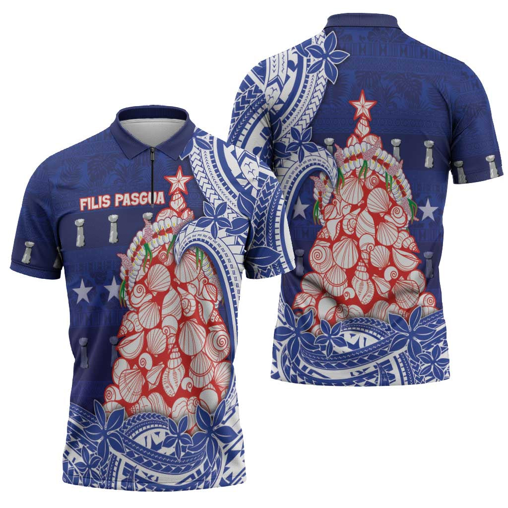 Northern Mariana Islands Christmas Zipper Polo Shirt Seashell Xmas Tree Tribal Waves - Polynesian Pride