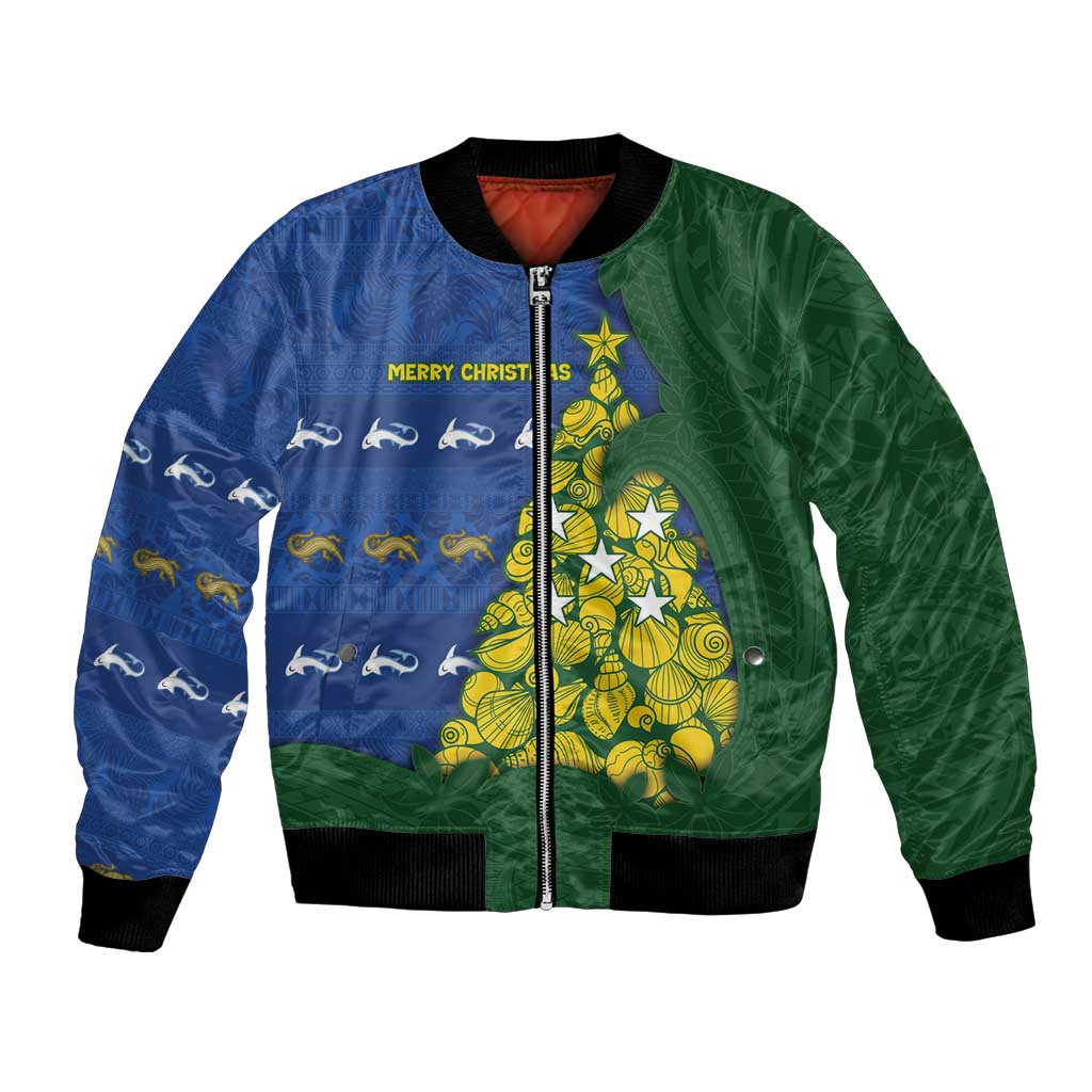 Solomon Islands Christmas Bomber Jacket Seashell Xmas Tree Tribal Waves - Polynesian Pride