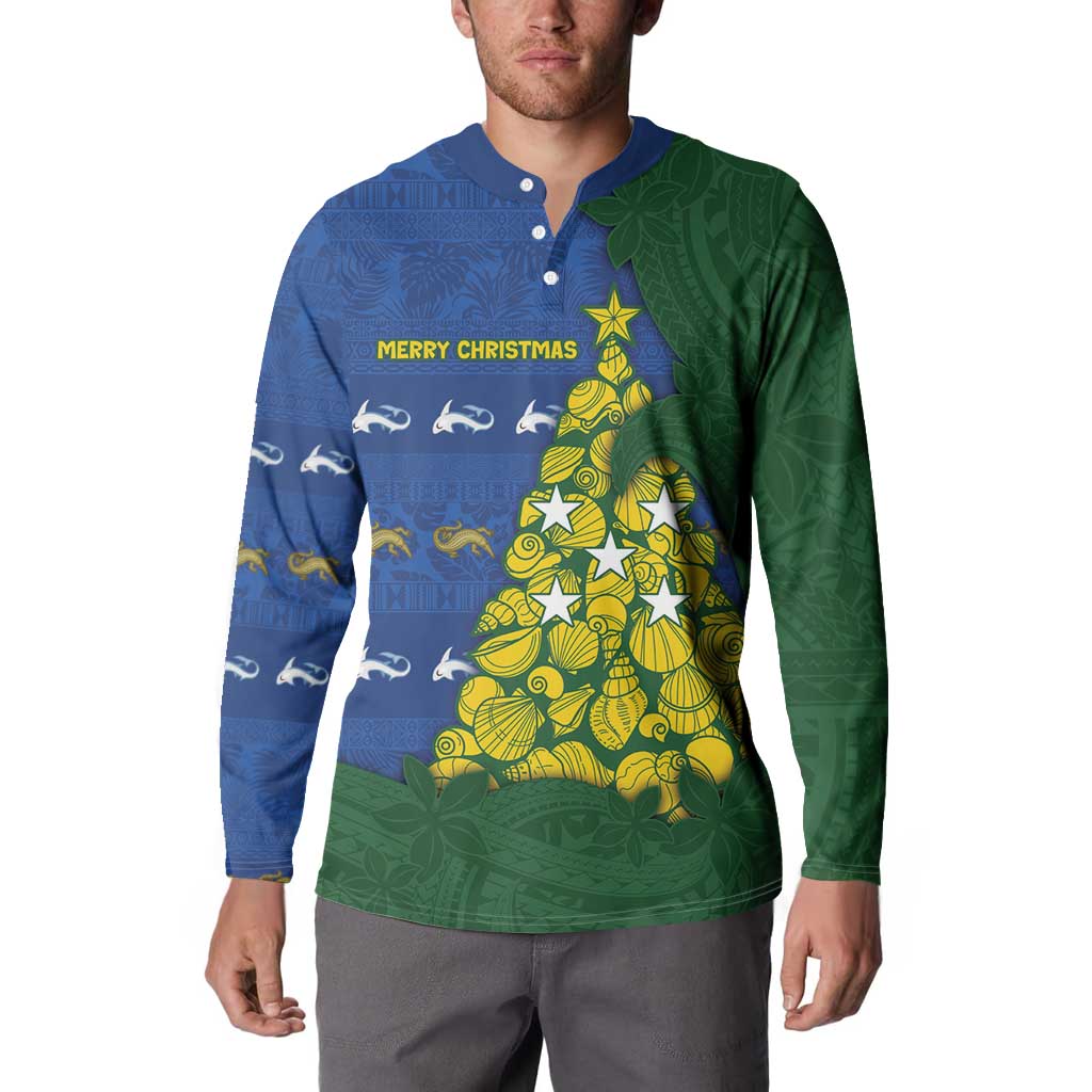 Solomon Islands Christmas Button Sweatshirt Seashell Xmas Tree Tribal Waves - Polynesian Pride
