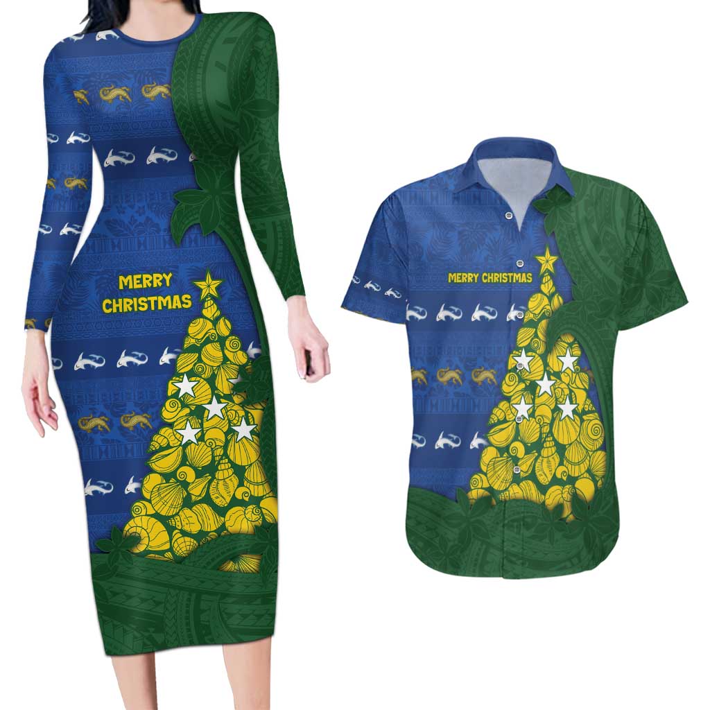 Solomon Islands Christmas Couples Matching Long Sleeve Bodycon Dress and Hawaiian Shirt Seashell Xmas Tree Tribal Waves - Polynesian Pride