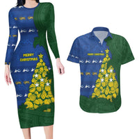 Solomon Islands Christmas Couples Matching Long Sleeve Bodycon Dress and Hawaiian Shirt Seashell Xmas Tree Tribal Waves - Polynesian Pride