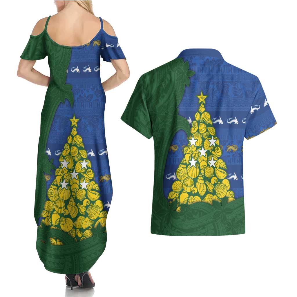 Solomon Islands Christmas Couples Matching Summer Maxi Dress and Hawaiian Shirt Seashell Xmas Tree Tribal Waves - Polynesian Pride