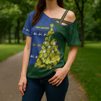 Solomon Islands Christmas Cross Shoulder Shirt Seashell Xmas Tree Tribal Waves - Polynesian Pride
