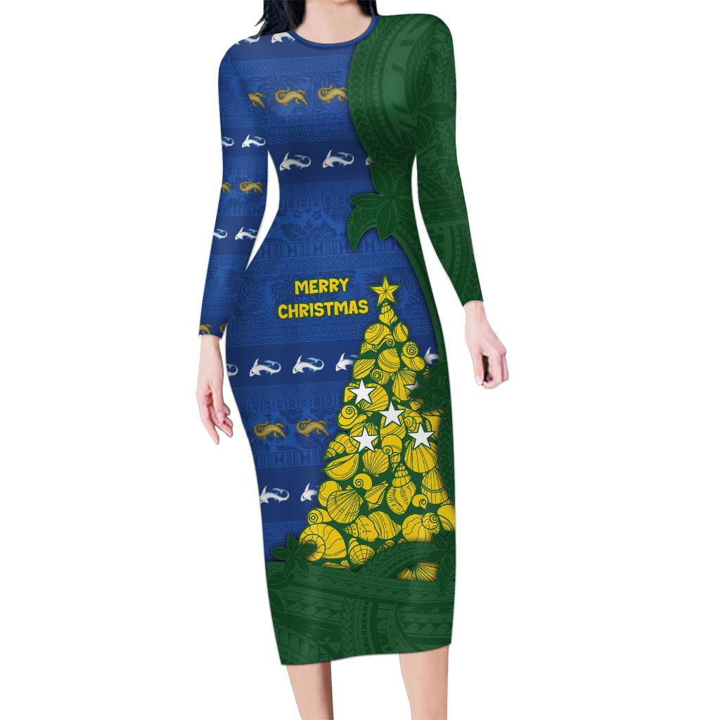 Solomon Islands Christmas Family Matching Long Sleeve Bodycon Dress and Hawaiian Shirt Seashell Xmas Tree Tribal Waves - Polynesian Pride