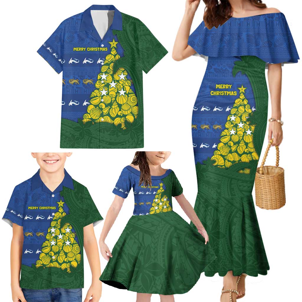 Solomon Islands Christmas Family Matching Mermaid Dress and Hawaiian Shirt Seashell Xmas Tree Tribal Waves - Polynesian Pride