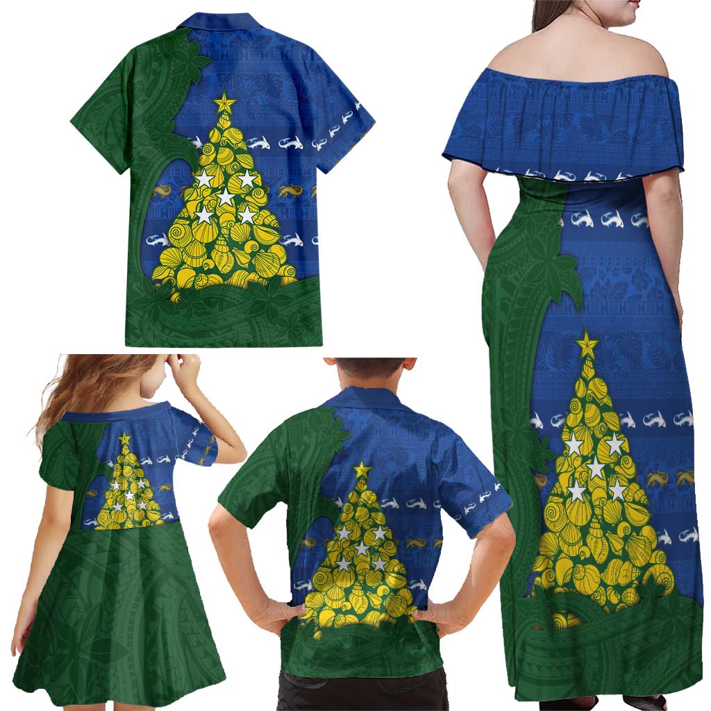 Solomon Islands Christmas Family Matching Off Shoulder Maxi Dress and Hawaiian Shirt Seashell Xmas Tree Tribal Waves - Polynesian Pride