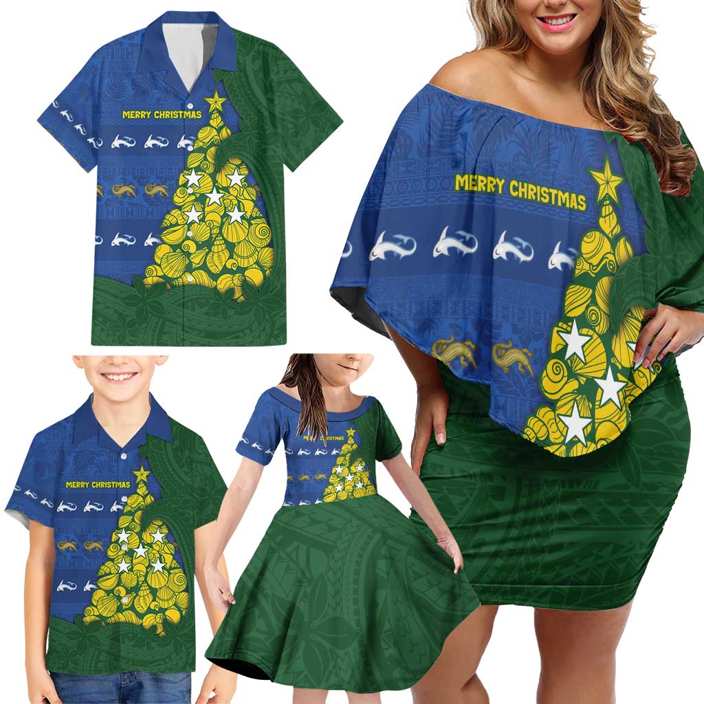 Solomon Islands Christmas Family Matching Off Shoulder Short Dress and Hawaiian Shirt Seashell Xmas Tree Tribal Waves - Polynesian Pride
