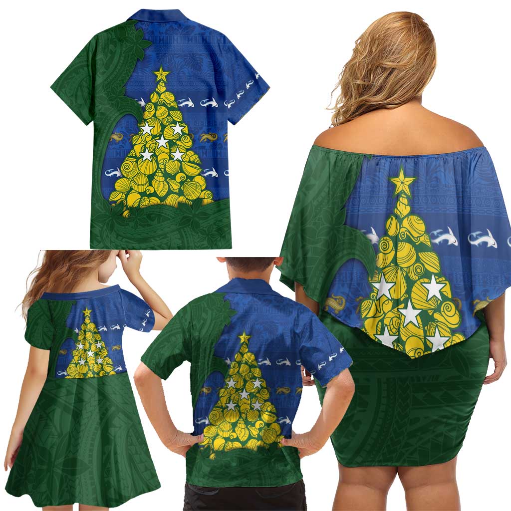 Solomon Islands Christmas Family Matching Off Shoulder Short Dress and Hawaiian Shirt Seashell Xmas Tree Tribal Waves - Polynesian Pride